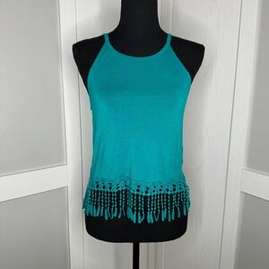 Wet Seal Tank Top Women Medium Teal Blue Crochet Fringe Tassel A30336K